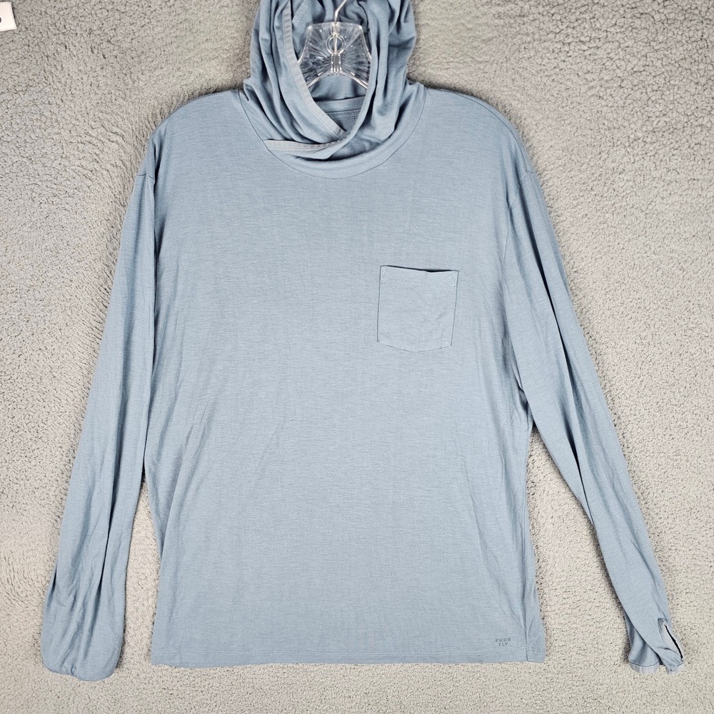 Free Fly Hoodie Mens L Blue Bamboo Lightweight Long Sleeve Pocket 2300 Thumbhole